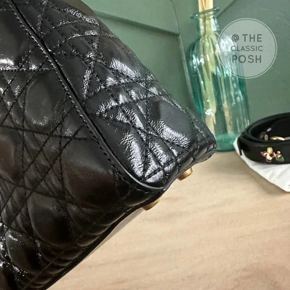 Lady Dior Cannage Small Crinkled Calfskin Black Gold Shoulder Crossbody Bag - Picture 7 of 15